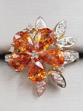 10k Solid Yellow Gold Genuine Spessartite Mandarin Garnet & Diamond Flower Ring